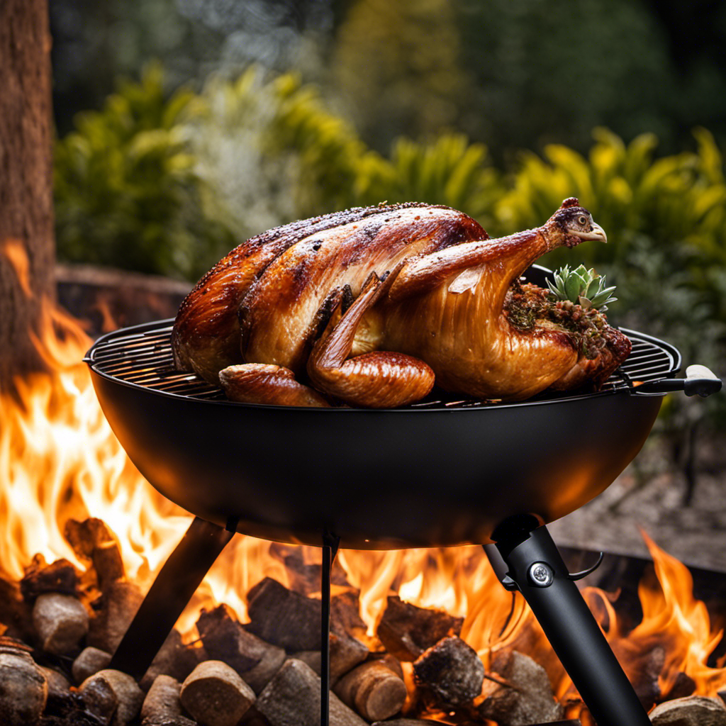 An image showcasing a succulent, golden-brown turkey on a wood pellet grill