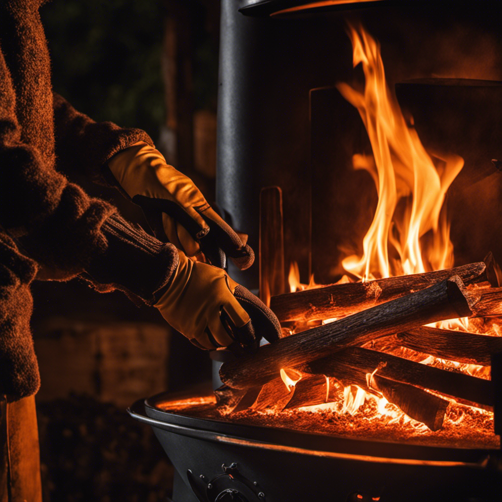 An image showcasing skilled hands, clad in heat-resistant gloves, forcefully smothering the dancing flames within a wood stove