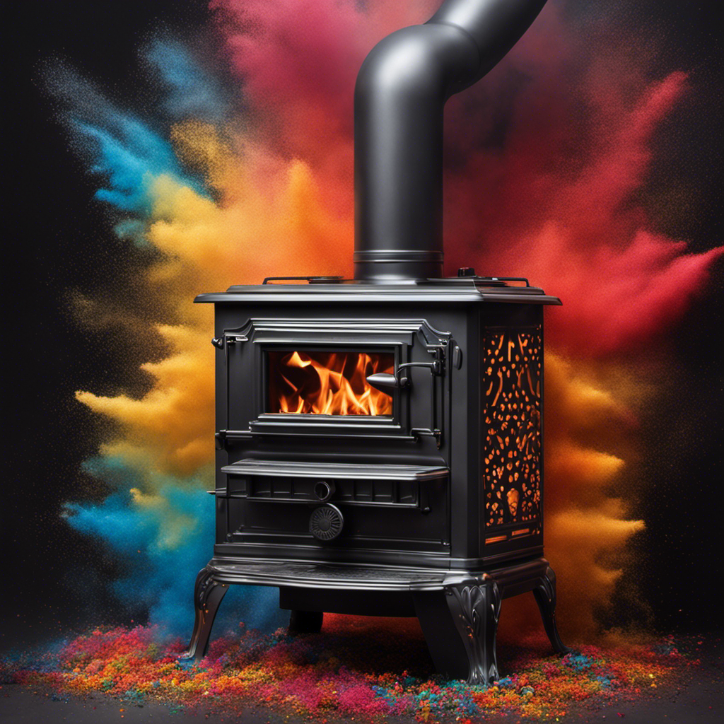 An image capturing a wood stove in the process of being transformed through spray painting