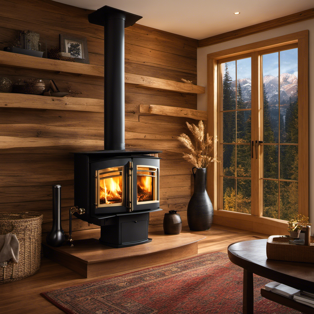 An image showcasing the radiant warmth of a wood stove, with a cozy living room bathed in golden light