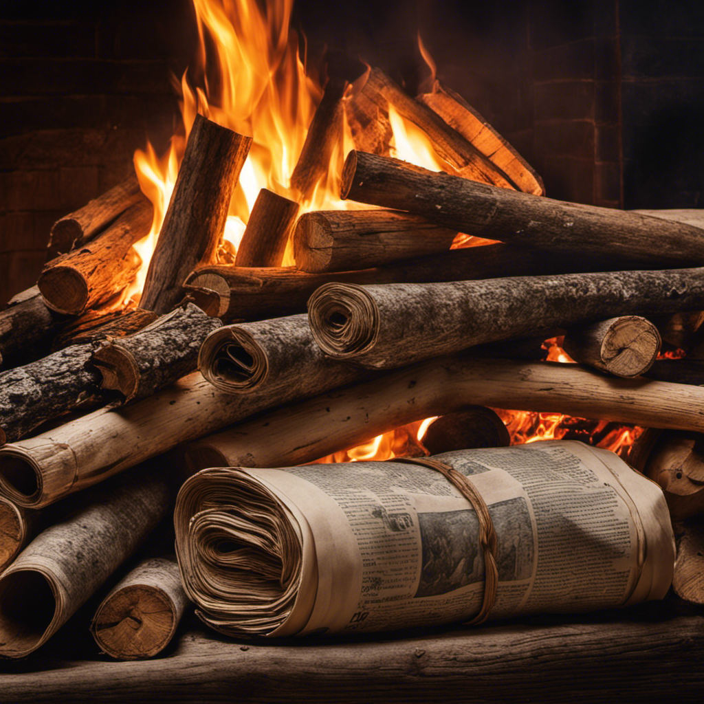 An image showcasing a pair of strong hands holding a bundle of tightly rolled newspaper, strategically placed under neatly stacked logs inside a wood stove