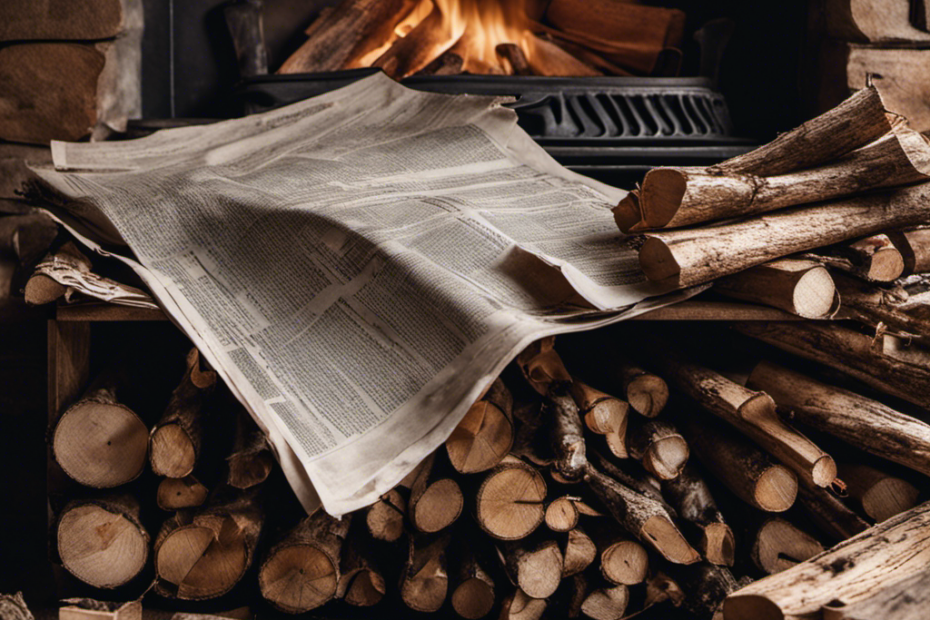 An image showcasing a pair of hands expertly arranging crumpled newspaper at the base of a wood stove, surrounded by neatly stacked, dry, and split firewood