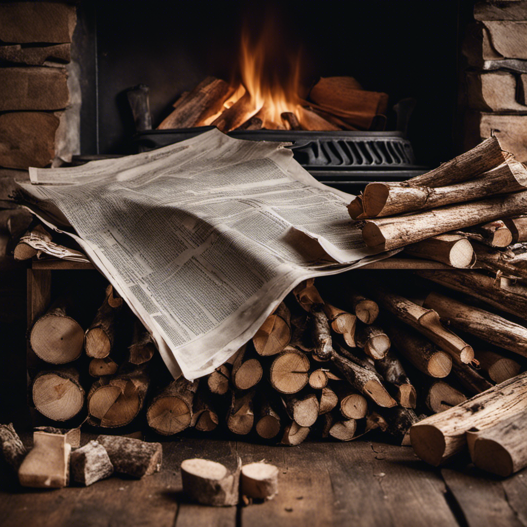An image showcasing a pair of hands expertly arranging crumpled newspaper at the base of a wood stove, surrounded by neatly stacked, dry, and split firewood