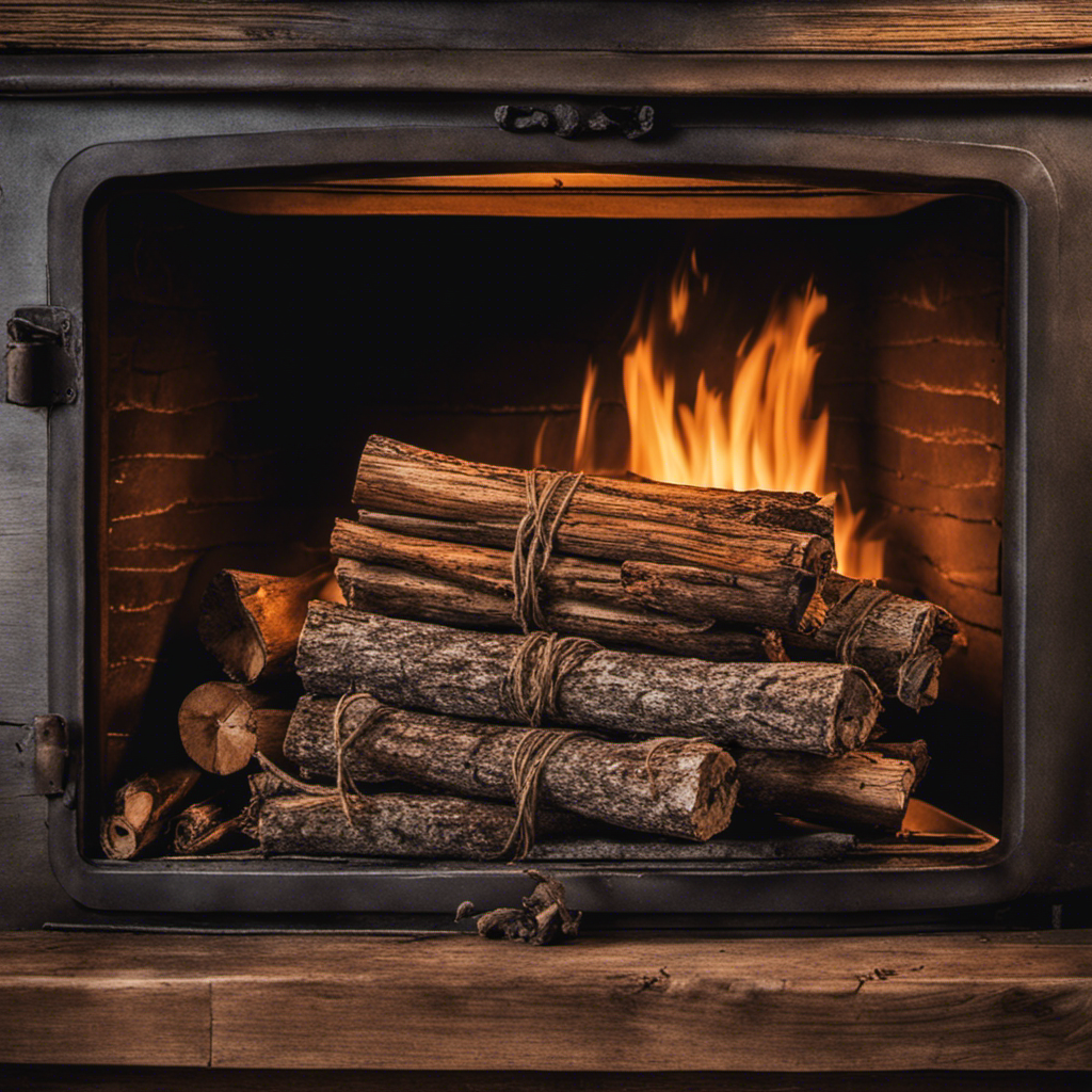 An image showcasing a pair of worn, weathered hands delicately arranging crumpled newspaper, dry kindling, and a stack of aged logs inside the rusted belly of an old, cast-iron wood stove