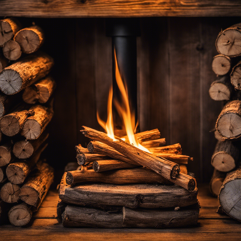 An image showcasing a pair of gloved hands gently cradling a stack of dry kindling, while a spark from a flint ignites the wood chips, casting a warm glow against the rustic backdrop of an outdoor wood stove