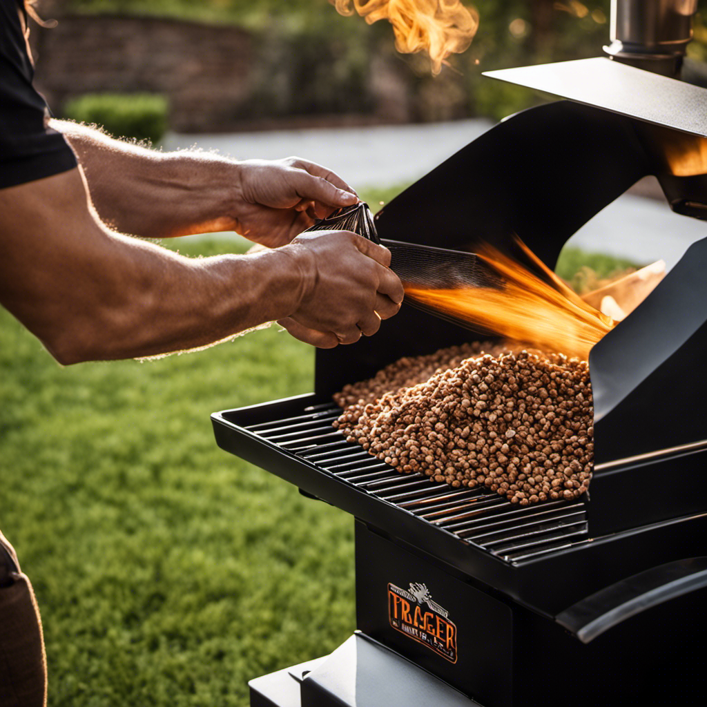 An image showcasing a close-up of a hand, gently pouring a bag of aromatic wood pellets into the Traeger grill's hopper, with sunlight filtering through the particles, capturing the essence of starting a second round of grilling
