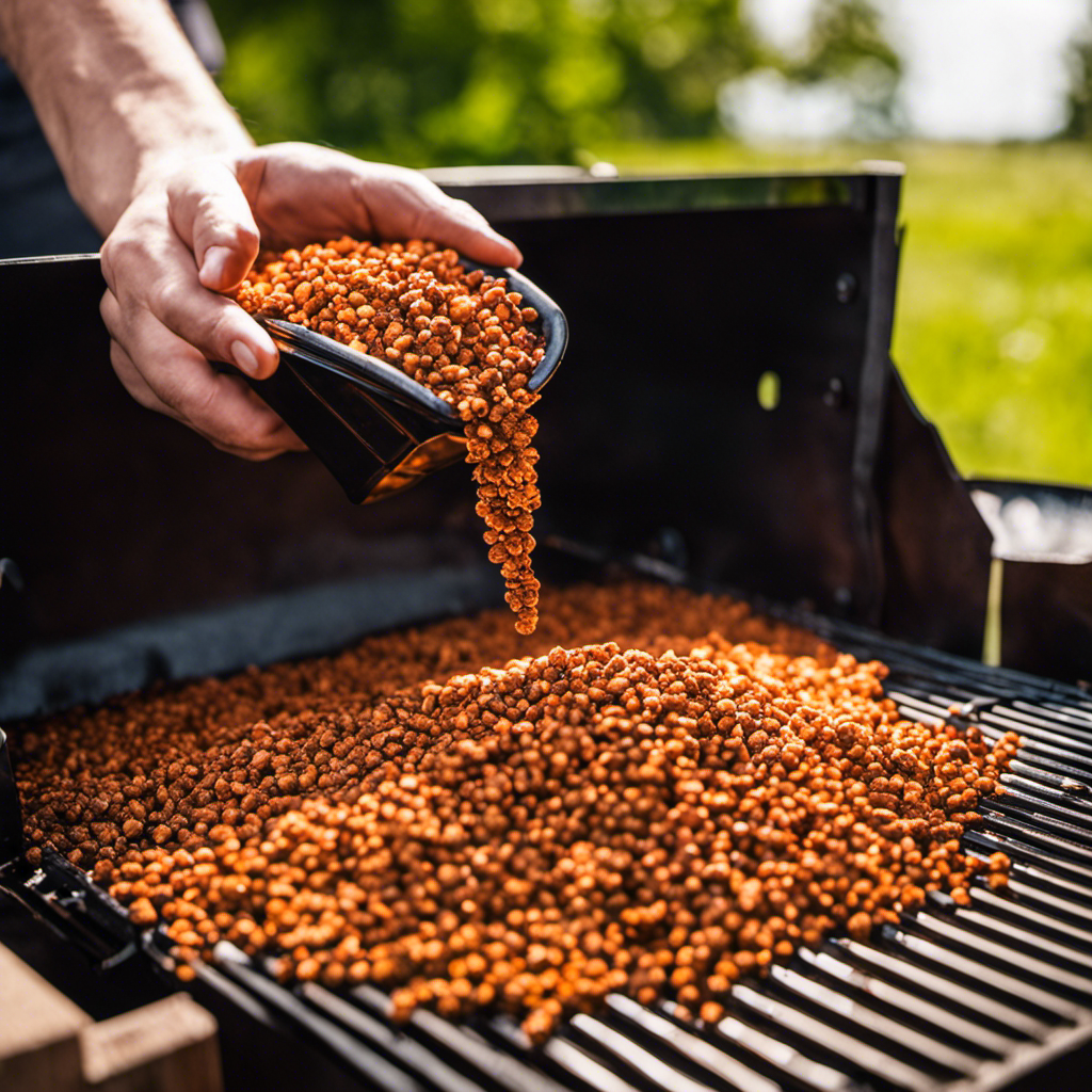 An image showcasing a close-up shot of a hand holding a bag of Traeger wood pellets, pouring them into the grill's hopper