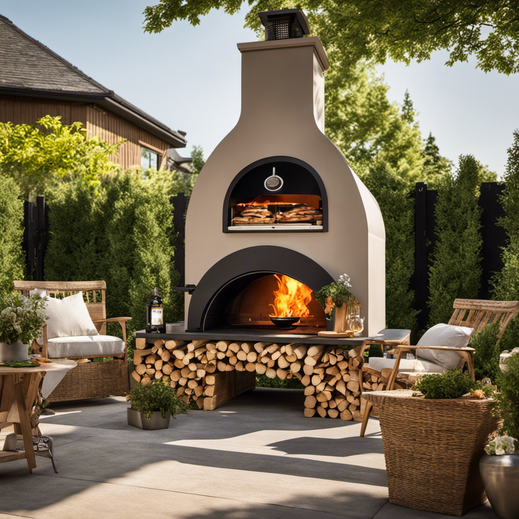 An image of a sunny outdoor patio with a wood pellet pizza oven as the focal point