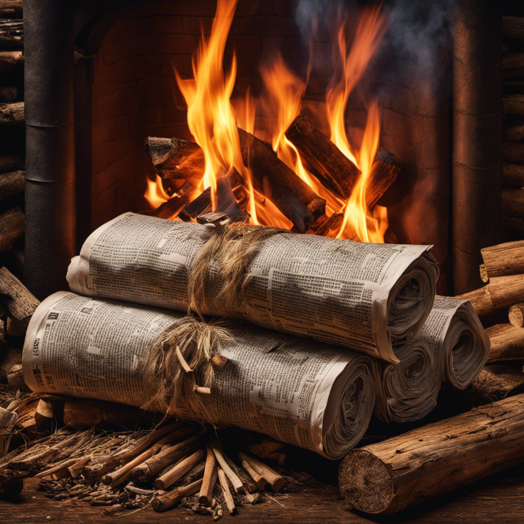 An image showcasing a pair of sturdy hands gripping a bundle of newspaper, surrounded by a stack of dry kindling and neatly arranged logs, ready to ignite a wood stove