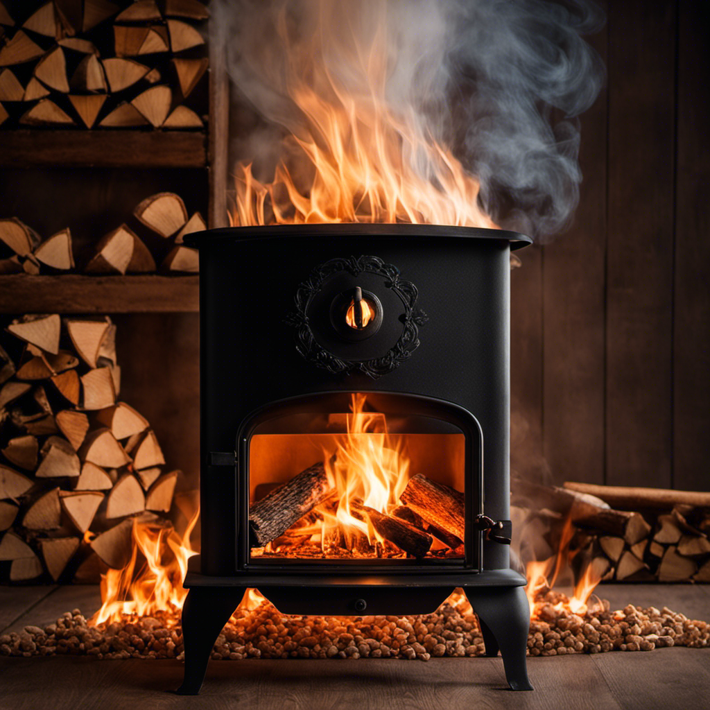 An image capturing the process of igniting a wood pellet stove: Hands cradling a stack of kindling, flames flickering beneath the stove's glass door, while gentle wisps of smoke curl upwards, hinting at the warmth and comfort to come