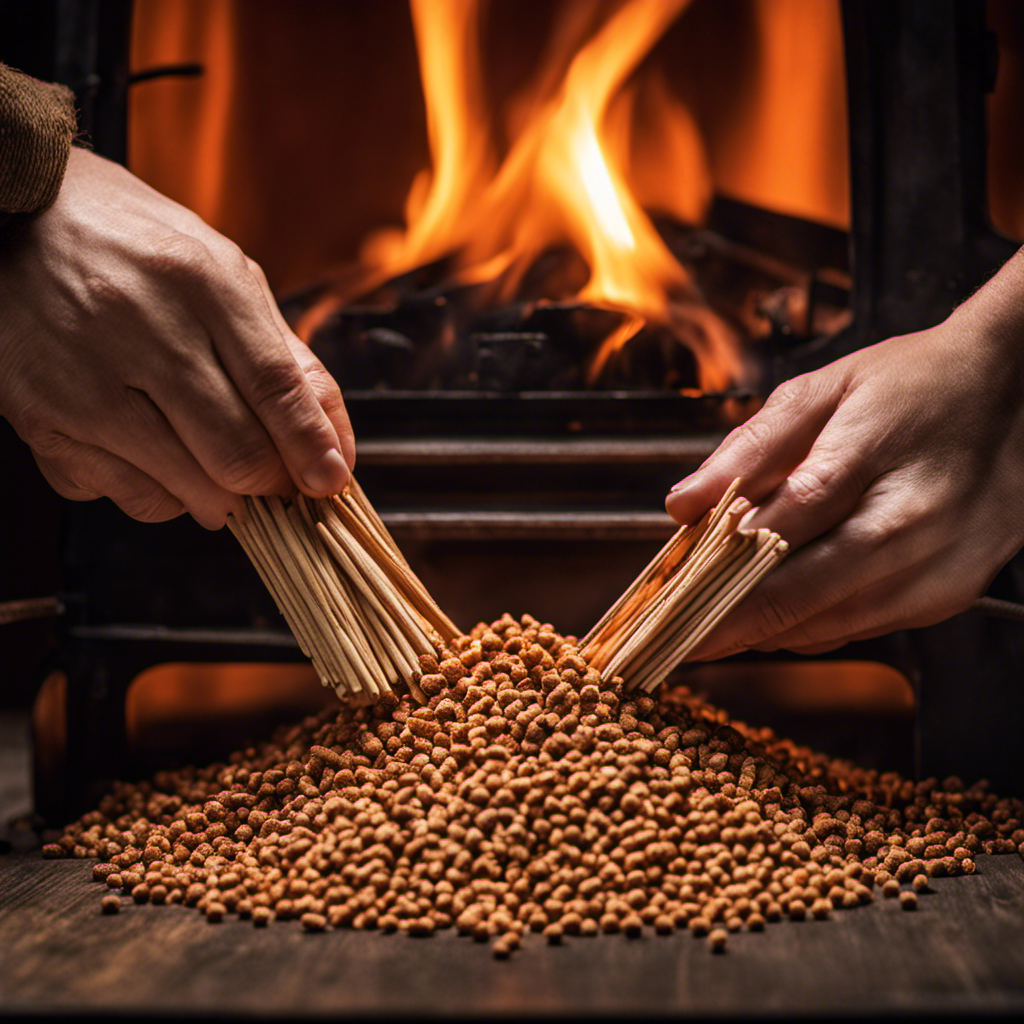An image showcasing a close-up of a hand grasping a bag of wood pellets, while another hand holds a matchstick near the stove's open door