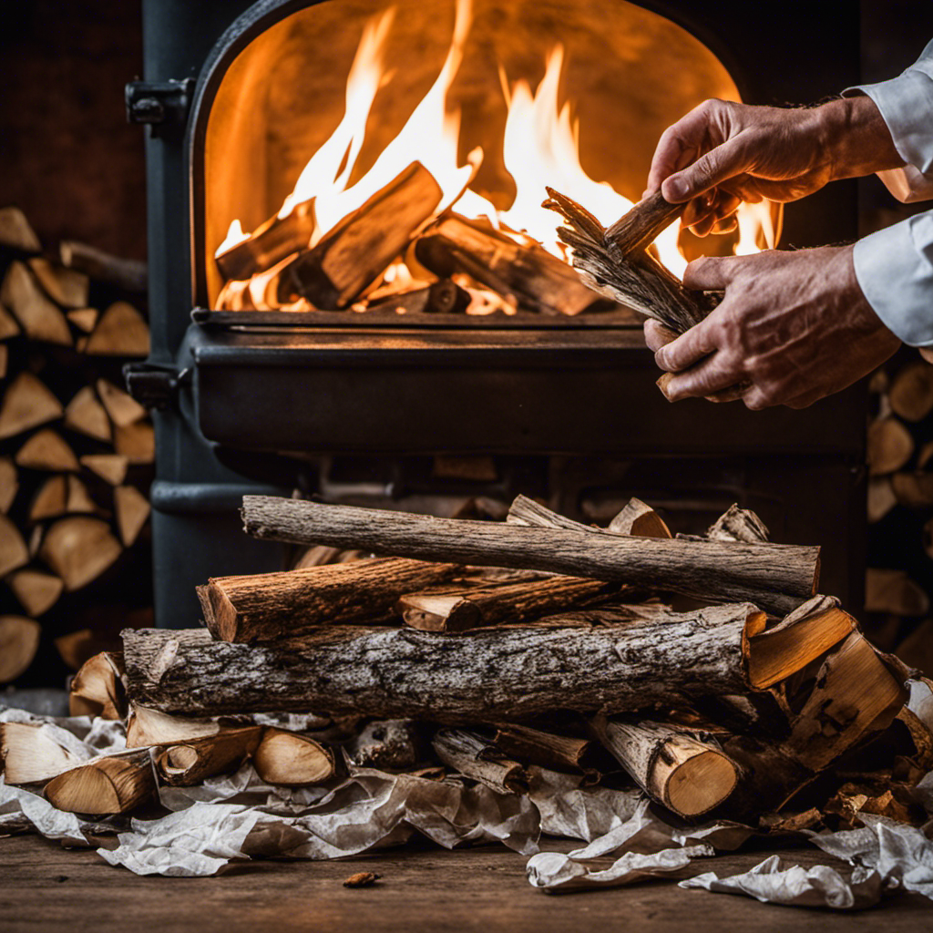 An image capturing a close-up of skilled hands gently placing crumpled newspaper, dry kindling, and split logs inside a wood stove