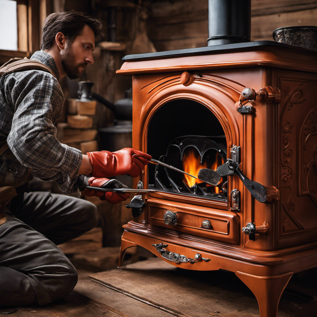 An image showcasing a pair of sturdy gloves grasping a screwdriver, while a skilled hand carefully dismantles a wood stove piece by piece
