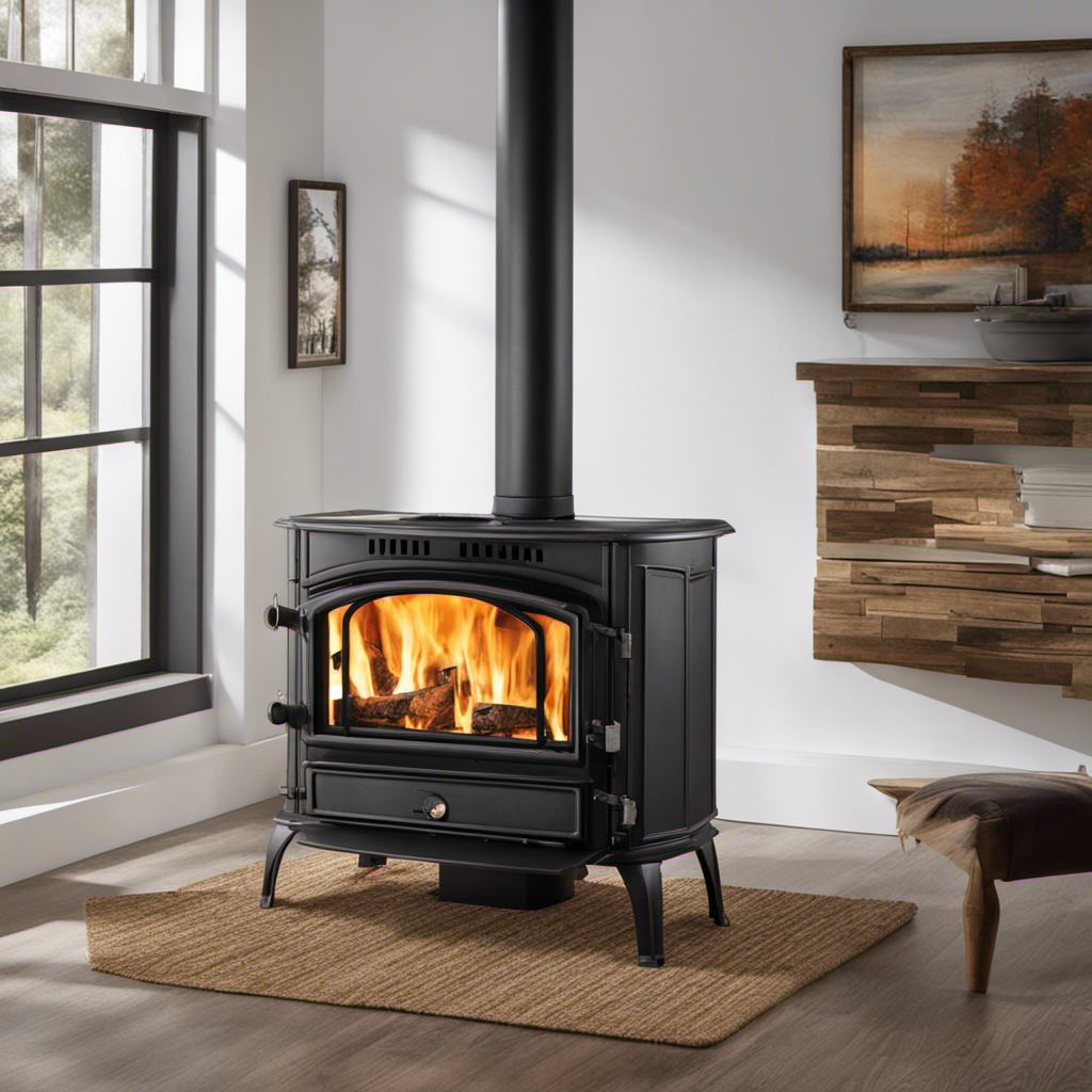 An image showcasing a wood stove nestled in a well-ventilated corner, surrounded by a non-flammable heat shield with ample space
