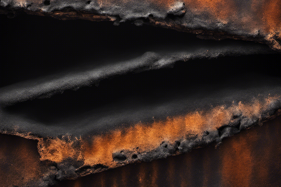 An image showcasing a close-up view of a wood stove chimney covered in thick, black soot and creosote buildup, with visible cracks and rusted parts, indicating the urgent need for cleaning