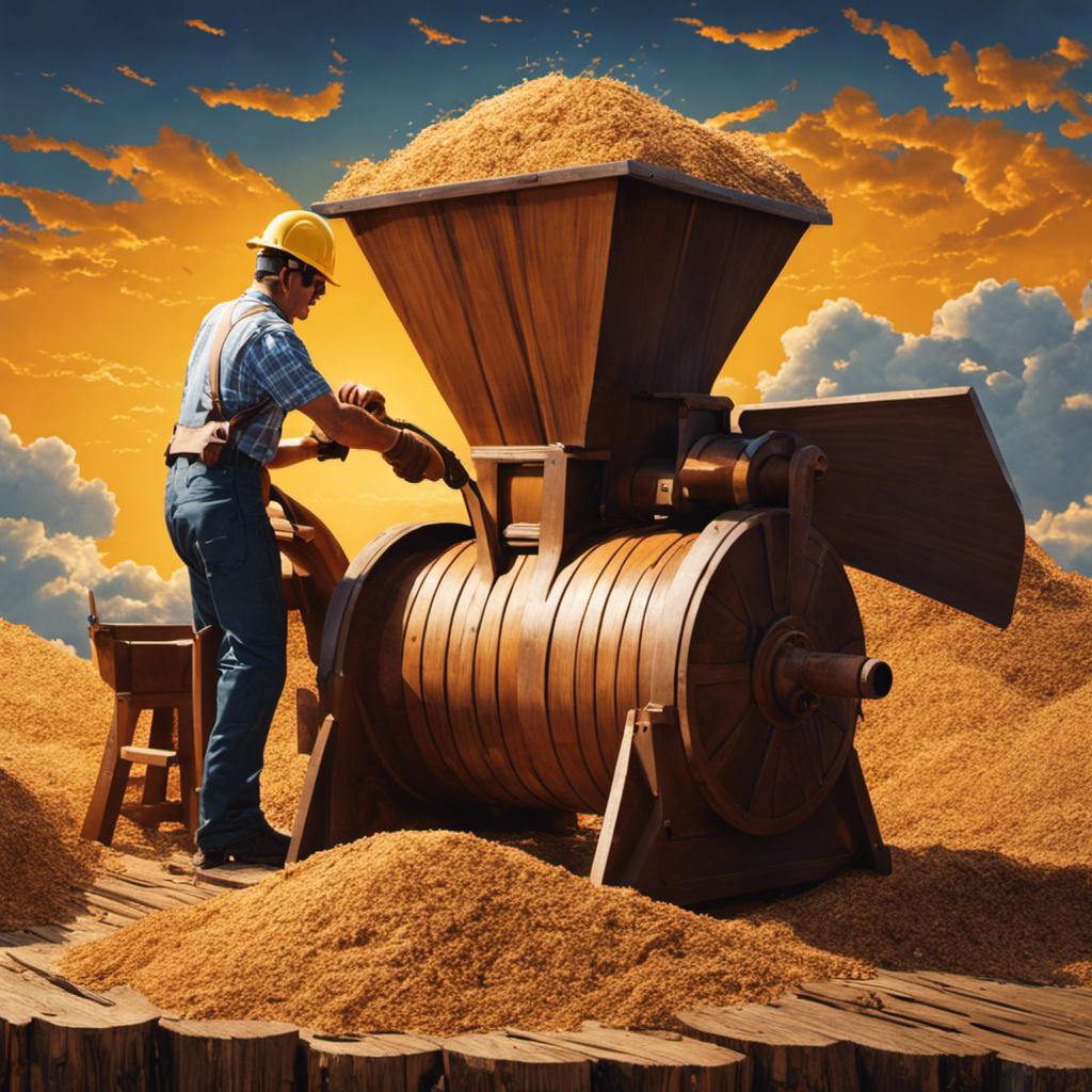 An image of a pair of sturdy hands gripping a wooden log, effortlessly transforming it into a fine cloud of sawdust using a powerful electric wood chipper, with sunlight casting dramatic shadows