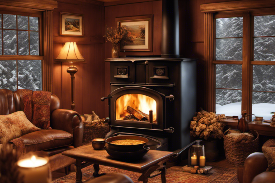 An image of a cozy living room with a crackling fire in a Country Hearth wood stove