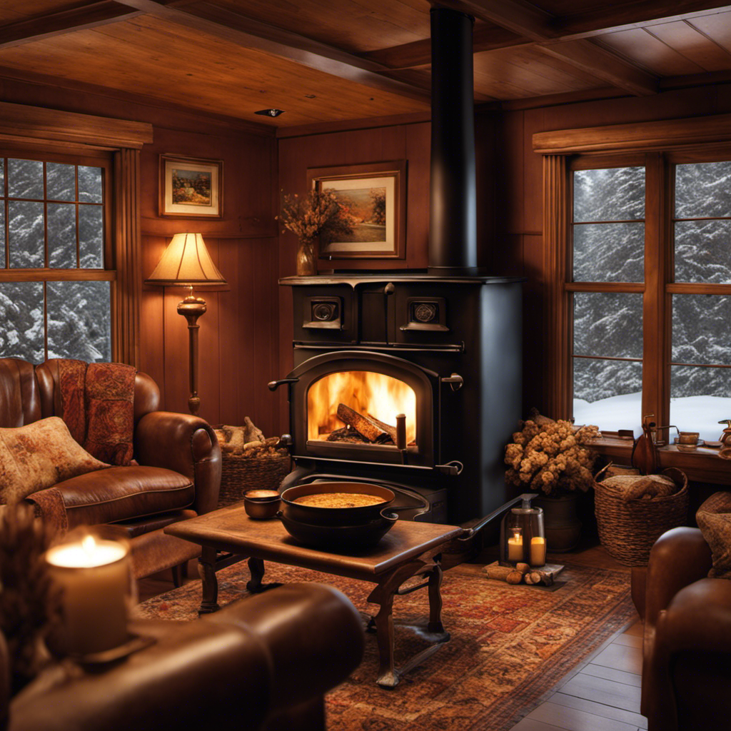 An image of a cozy living room with a crackling fire in a Country Hearth wood stove