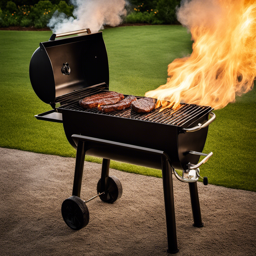 An image showcasing a close-up shot of a wood fire pellet grill, smoke billowing out from the burning wood pellets, as a perfectly seared steak sizzles on the grill grates, leaving tantalizing grill marks