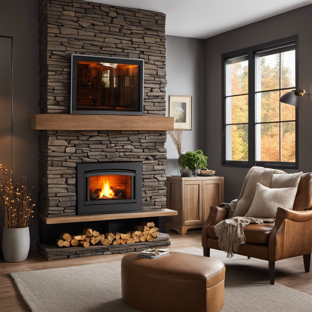 An image that showcases a cozy living room with a wood pellet fireplace insert as the focal point