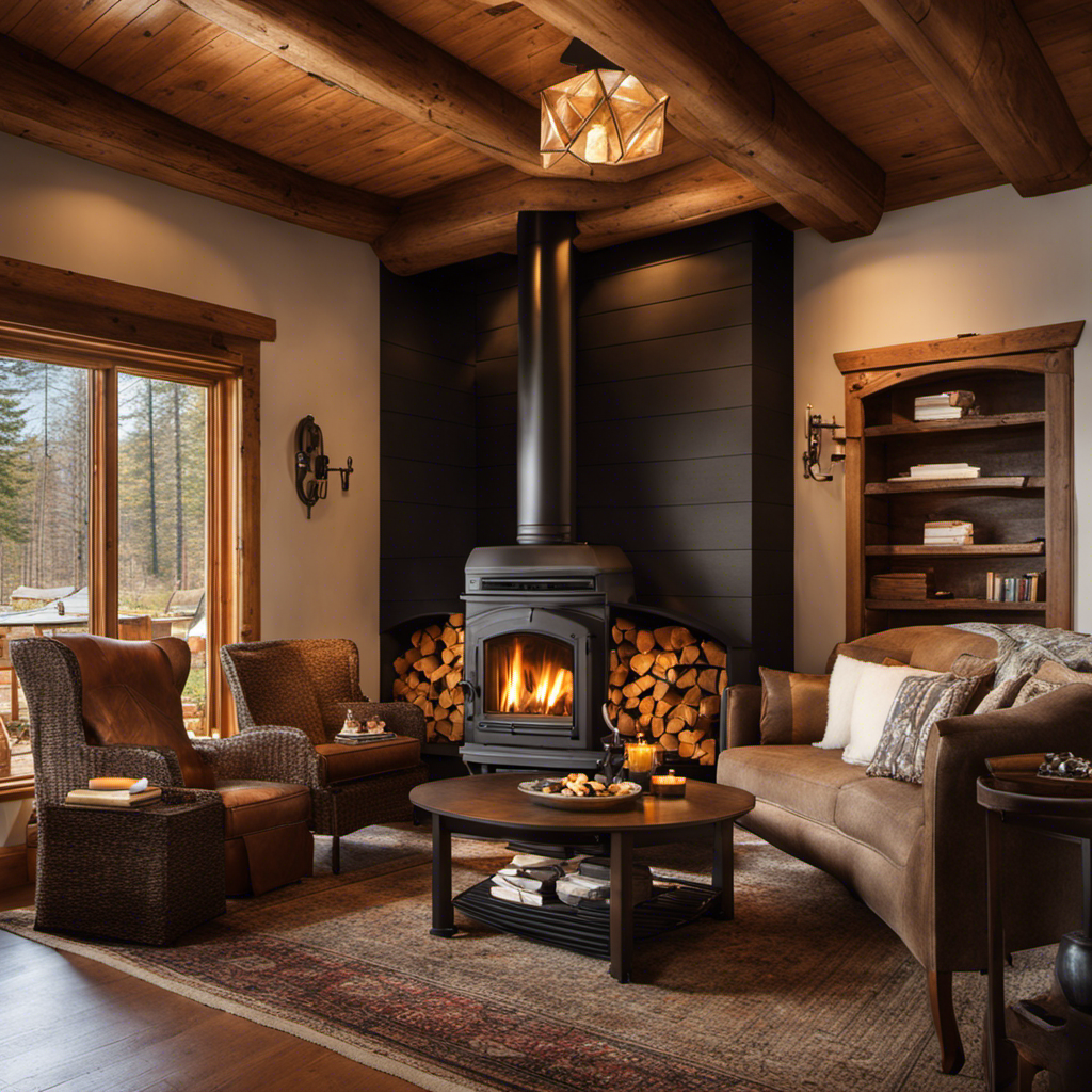 An image showcasing a cozy living room with a wood stove insert as the focal point