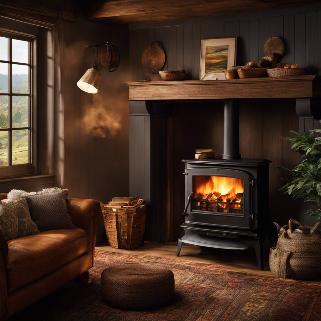 An image showcasing a cozy living room with a wood stove steamer placed on top of a roaring fire, emitting billows of steam