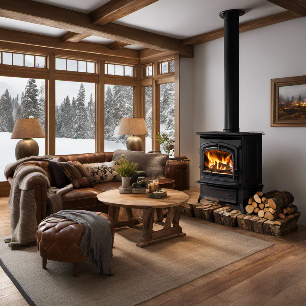 An image that showcases a cozy living room with a wood stove as the centerpiece