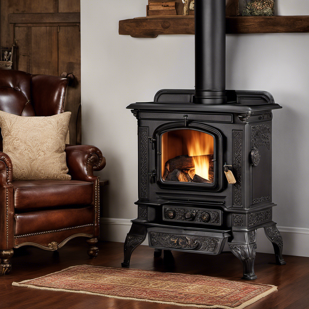 An image capturing the warm glow of a vintage Franklin wood stove in a cozy, rustic setting
