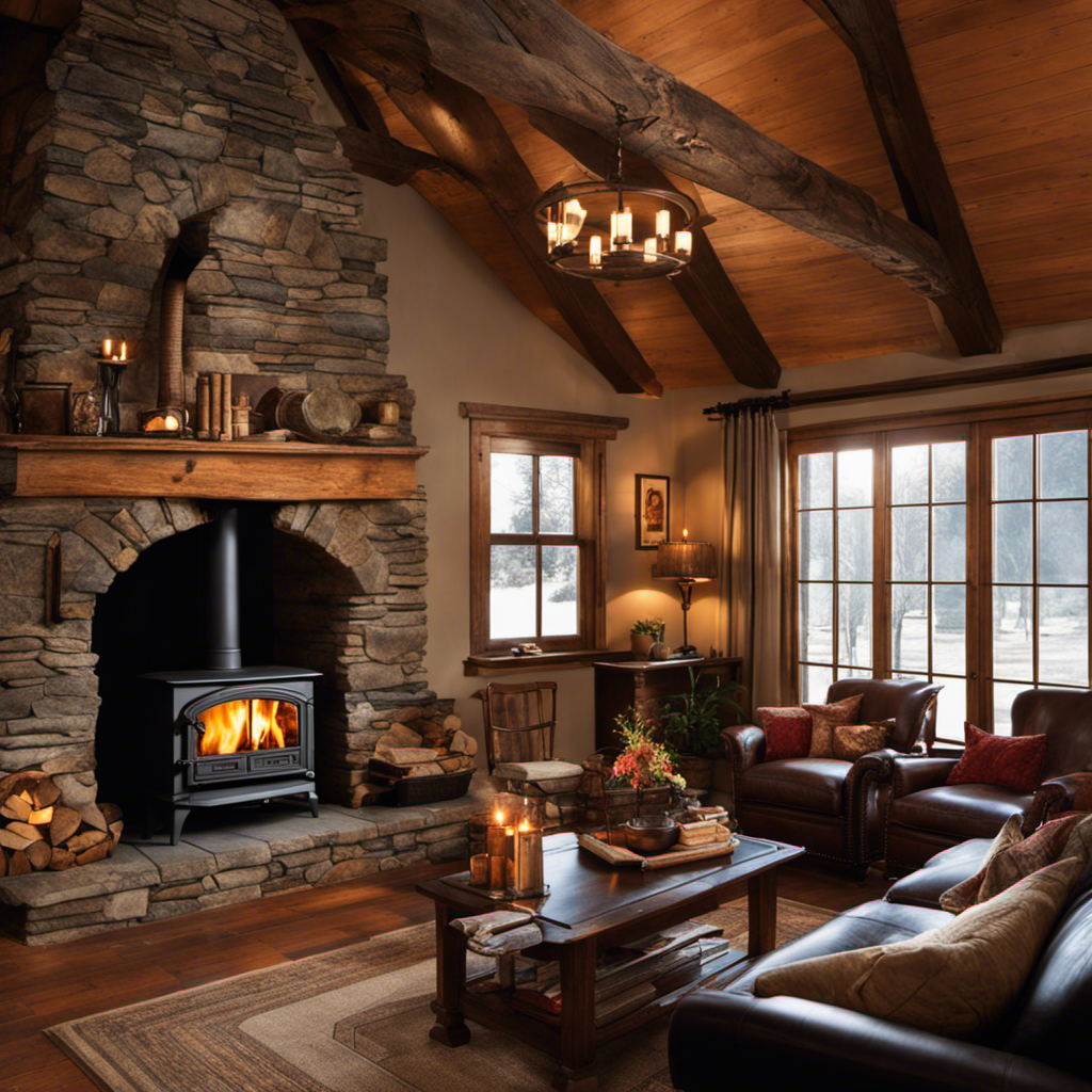 An image showcasing a cozy living room with a traditional flue wood stove as the focal point
