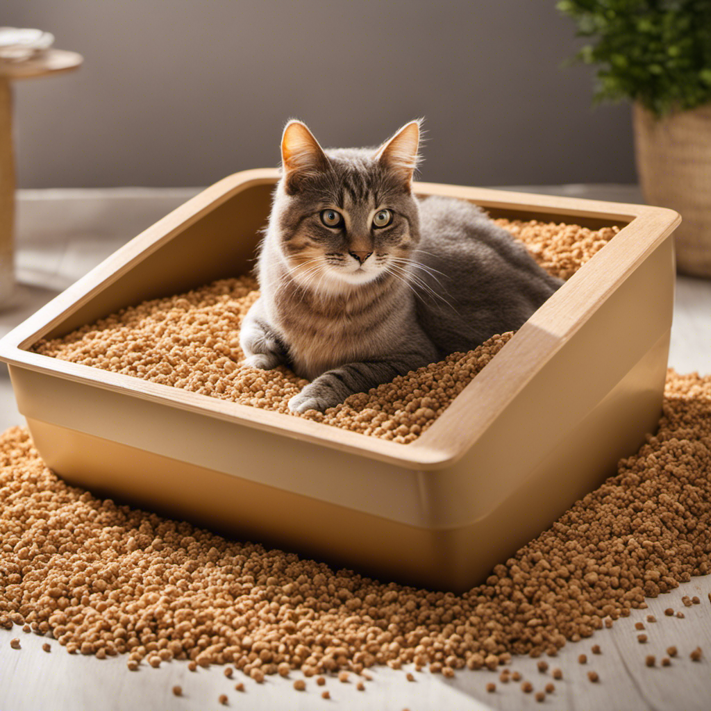 An image that showcases a clean litter box filled with wood pellet litter, displaying a cat comfortably using it