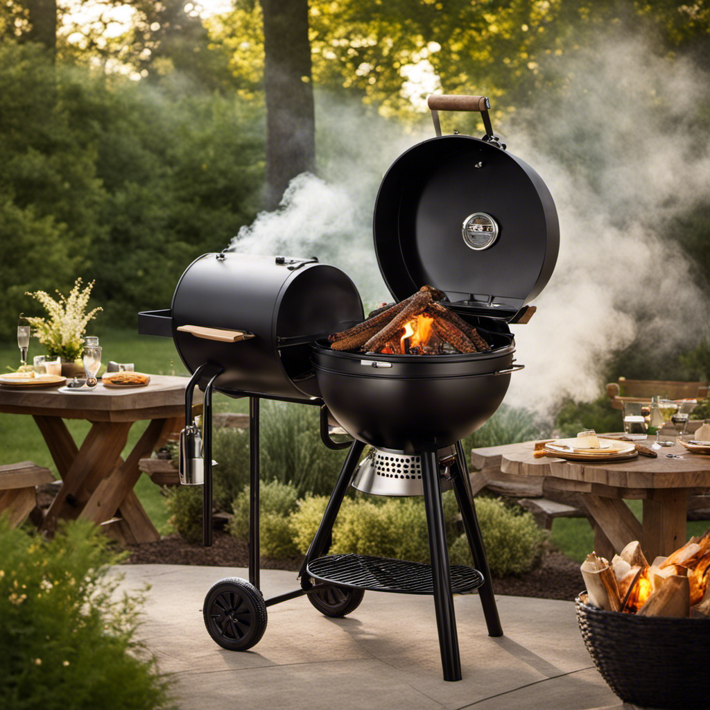 An image that showcases a backyard scene with a wood pellet smoker at the center, emitting a delicate plume of fragrant smoke