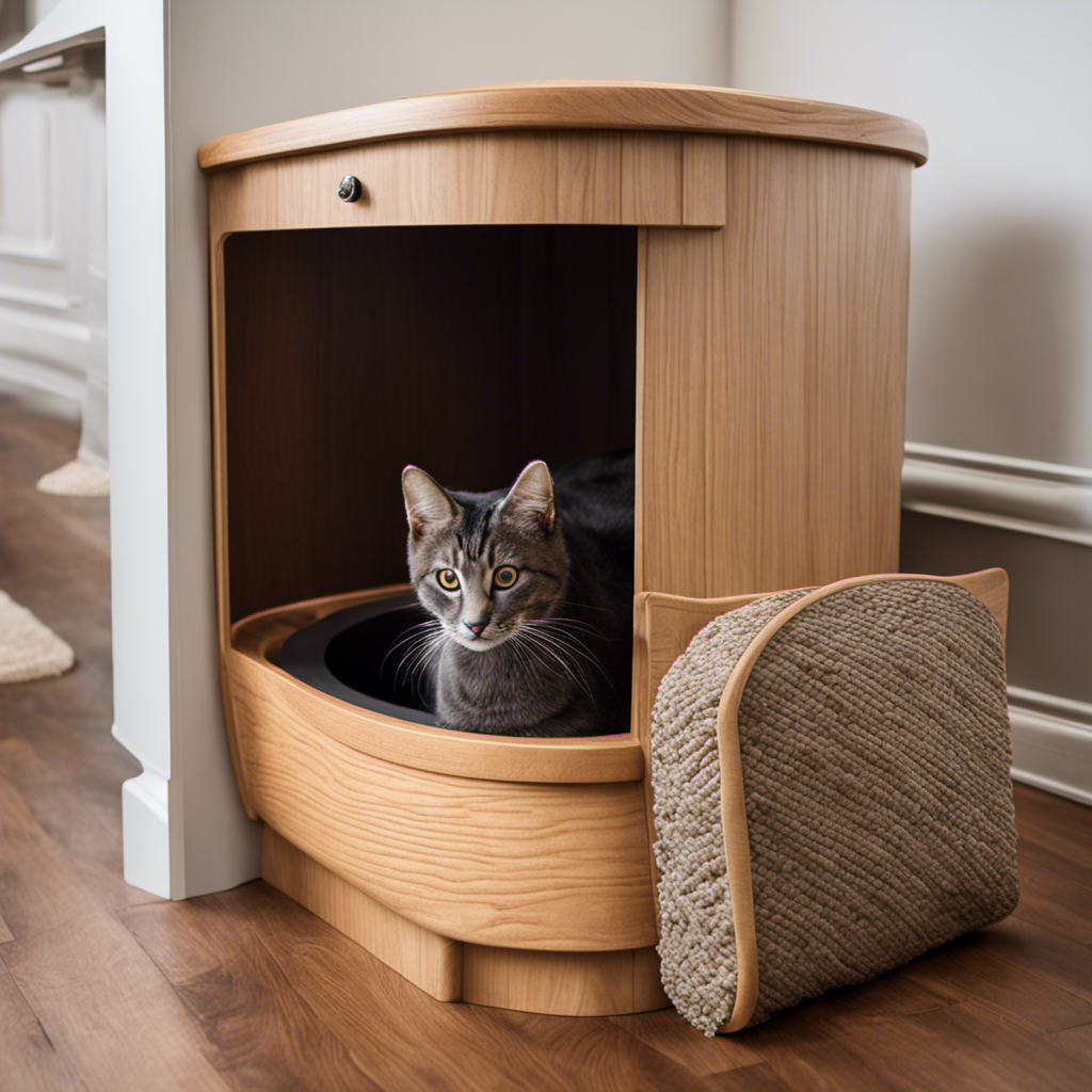 An image showcasing a cozy corner with a wood stove pellet cat litter box