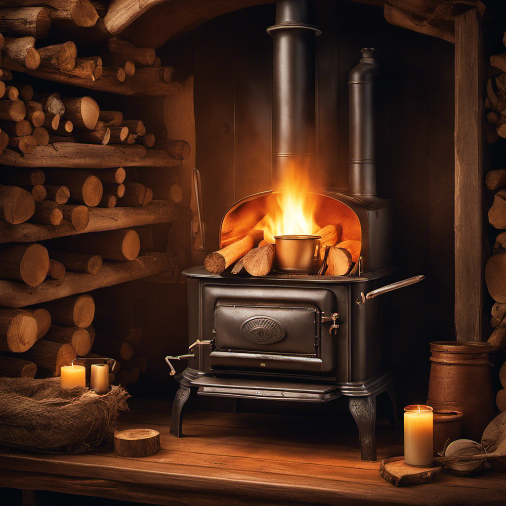 An image capturing the essence of working a wood stove: A pair of hands, weathered and calloused, skillfully arranging split logs inside the stove, the warm flickering glow reflecting in their determined eyes