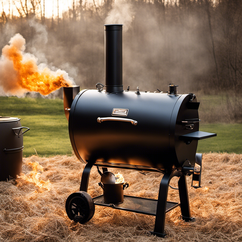 An image showcasing the intricate mechanics of a wood pellet smoker tube: dense pellets being evenly fed into the auger, transported to the fire pot, where they ignite, producing flavorful smoke that envelops the sumptuous food on the grill