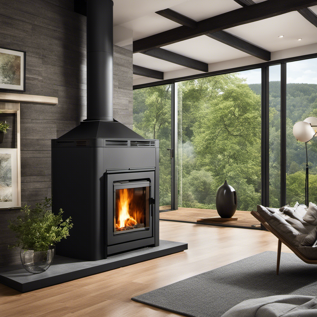 An image showcasing a modern, sleek high-efficiency stove with a roaring fire inside, surrounded by a lush green forest
