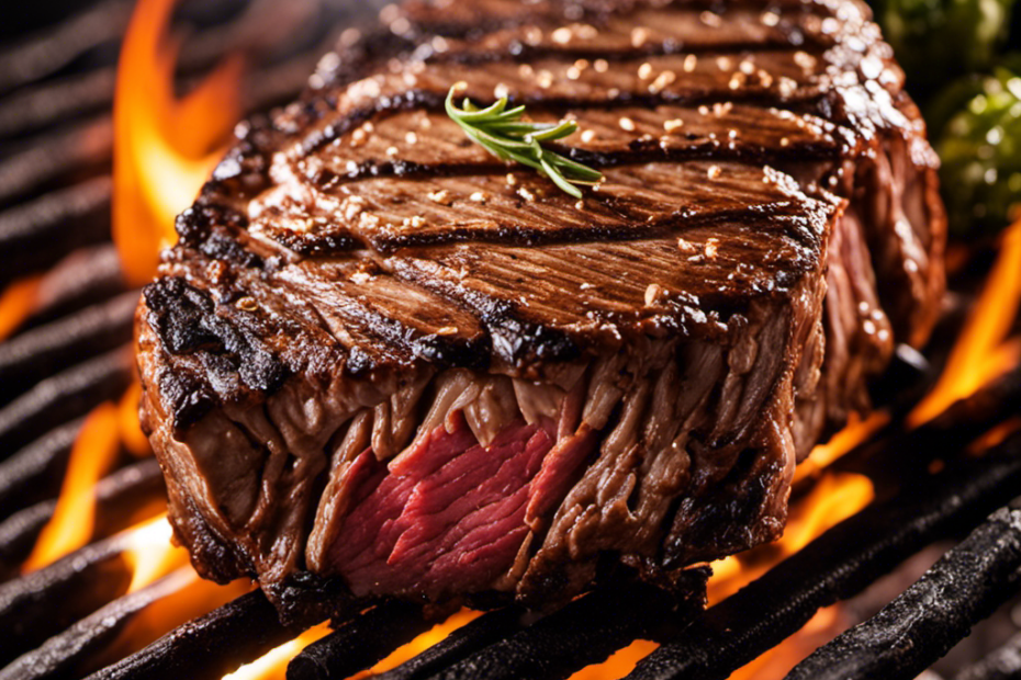 An image featuring a close-up shot of a perfectly grilled steak on a wood pellet barbecue, showcasing the rich, smoky flavor