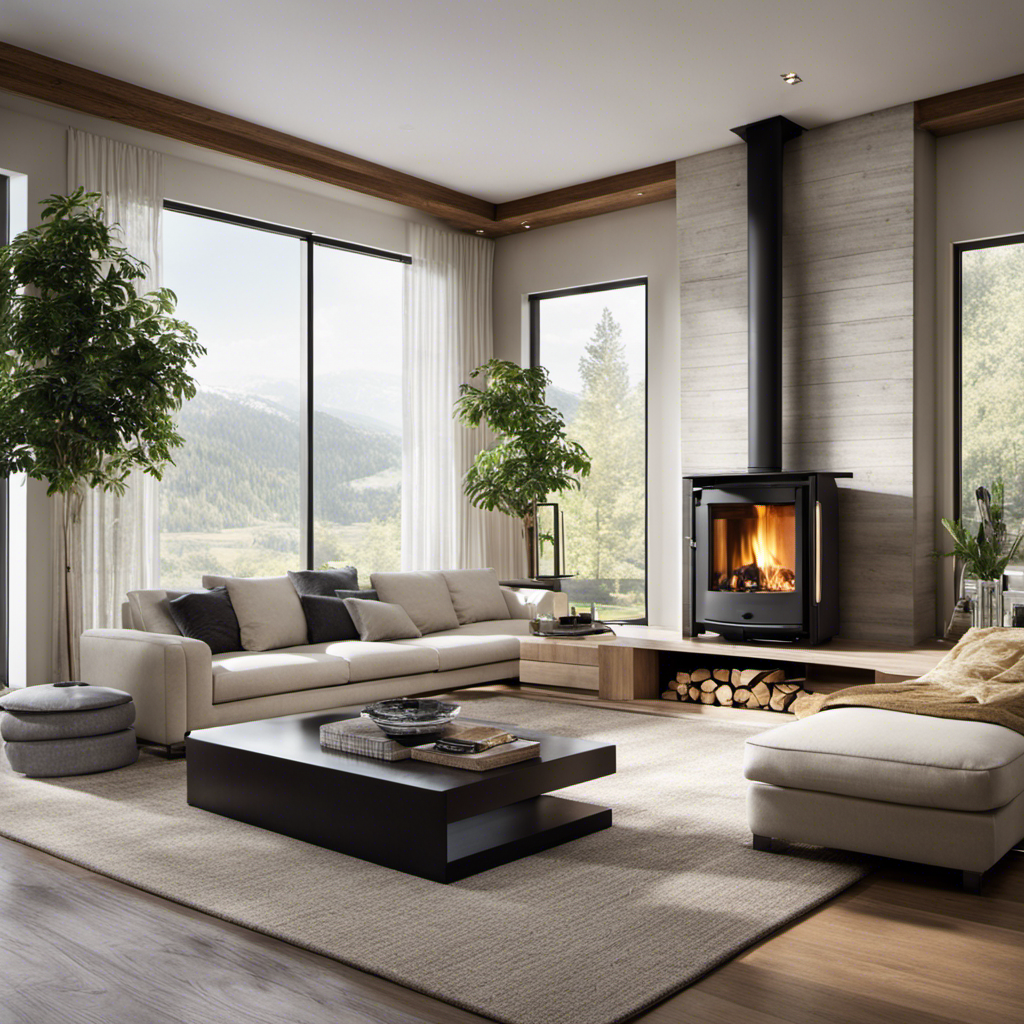An image that showcases a modern living room with large windows that let in ample natural light, adorned with a sleek and elegant high-efficiency wood burning stove, emanating a warm and cozy ambiance