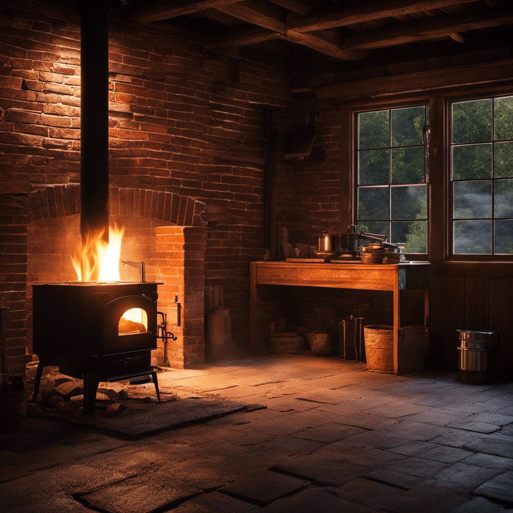 An image depicting a dimly lit garage with a sturdy wood stove positioned against a brick wall
