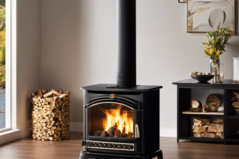 An image showcasing a modern living room with a cozy pellet stove as the focal point