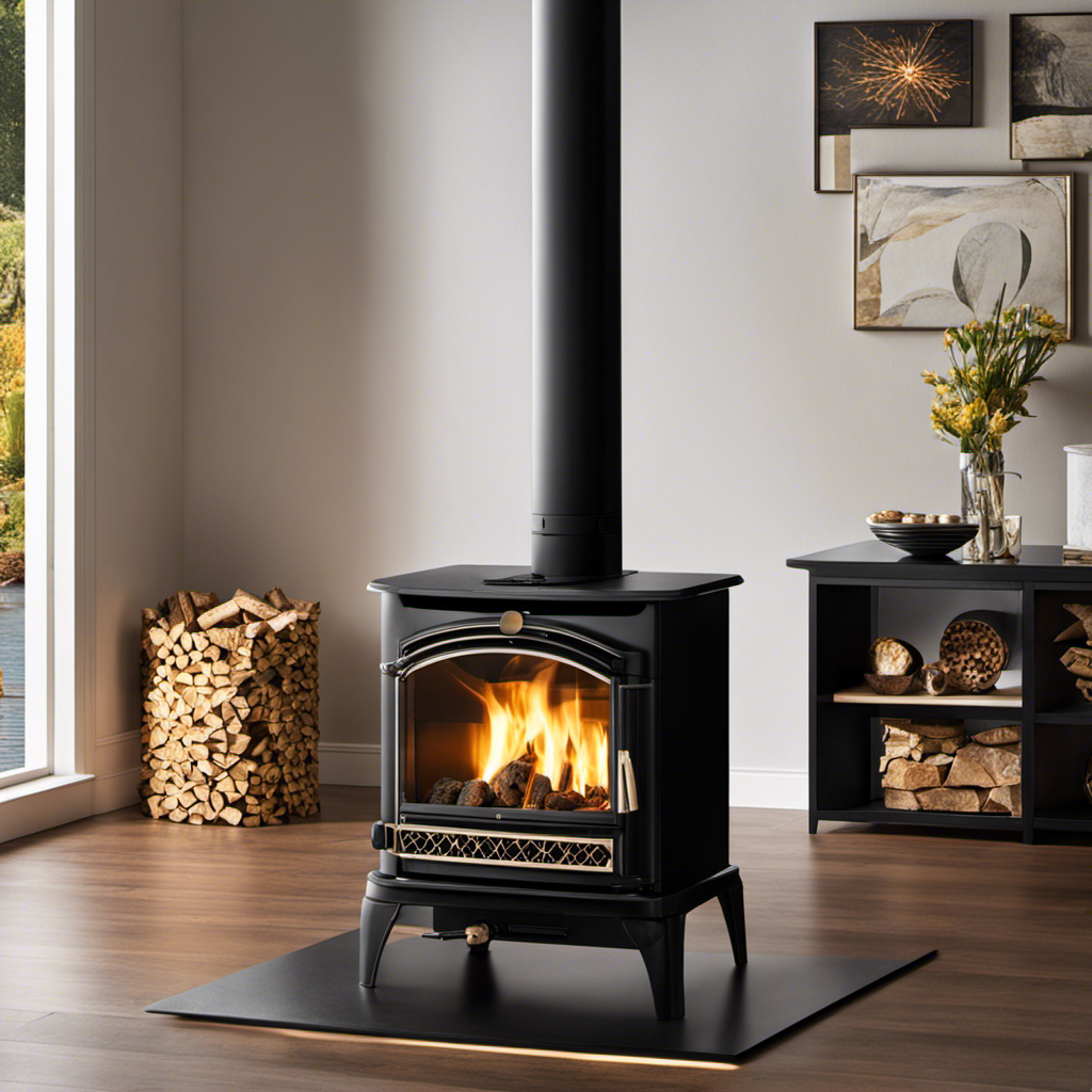 An image showcasing a modern living room with a cozy pellet stove as the focal point