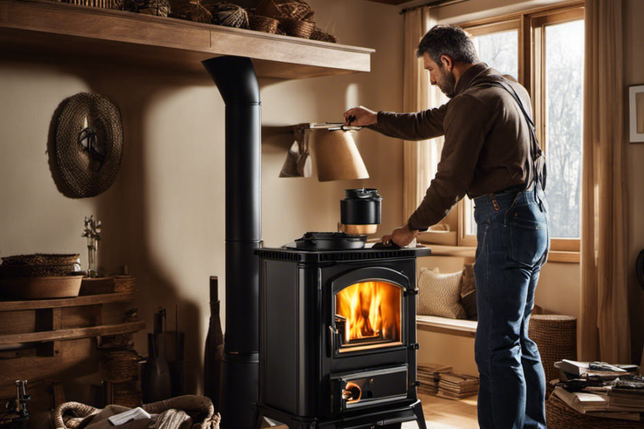 An image of a skilled professional, wearing a tool belt with various equipment, confidently installing a wood pellet stove in a cozy living room