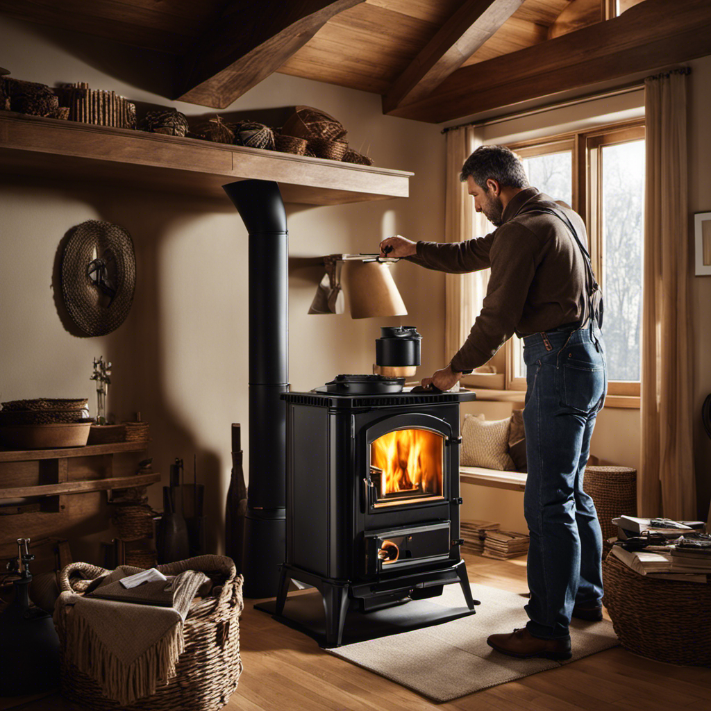 An image of a skilled professional, wearing a tool belt with various equipment, confidently installing a wood pellet stove in a cozy living room