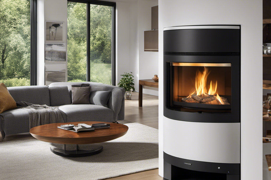 An image showcasing a sleek and modern living room with a revolutionary pellet stove as the focal point