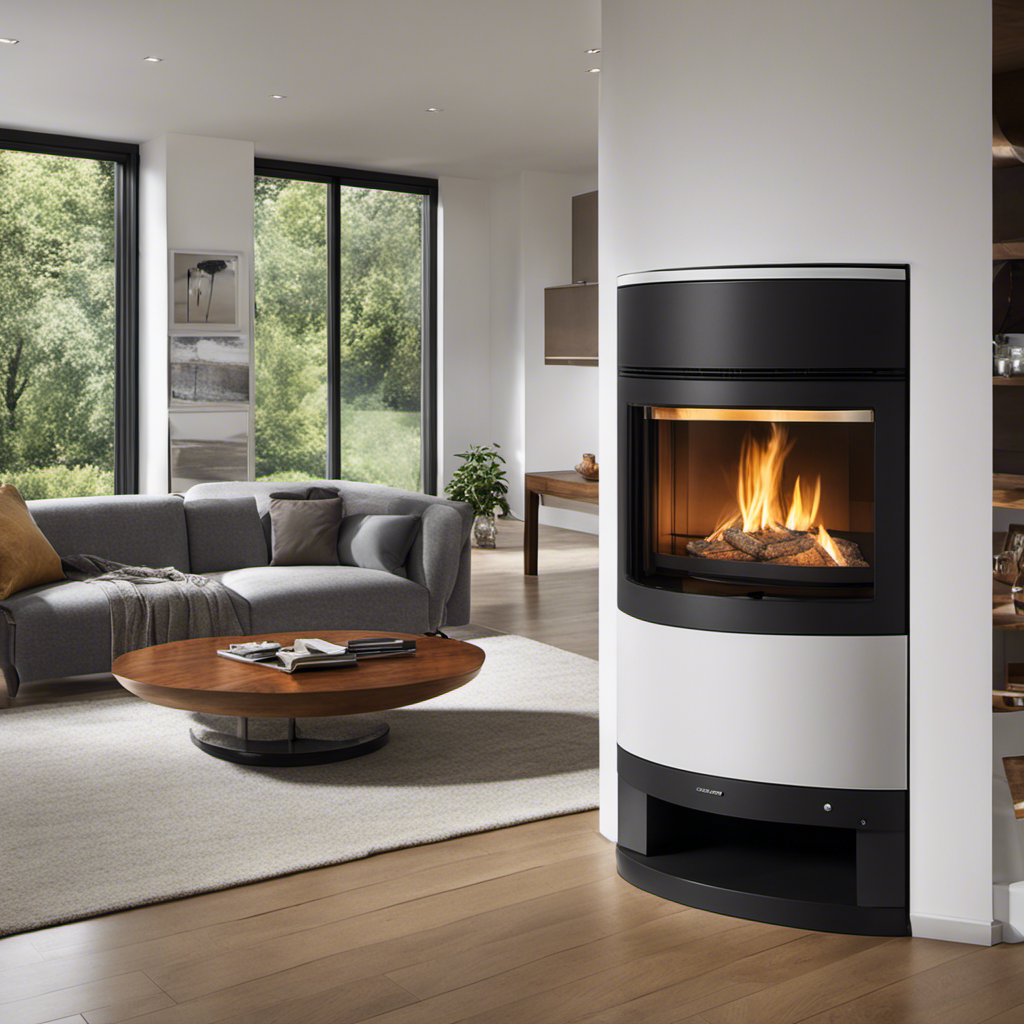 An image showcasing a sleek and modern living room with a revolutionary pellet stove as the focal point