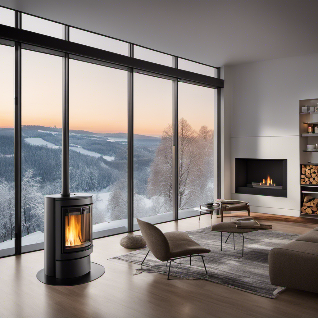 An image of a sleek, modern living room with a panoramic window revealing a snowy landscape outside