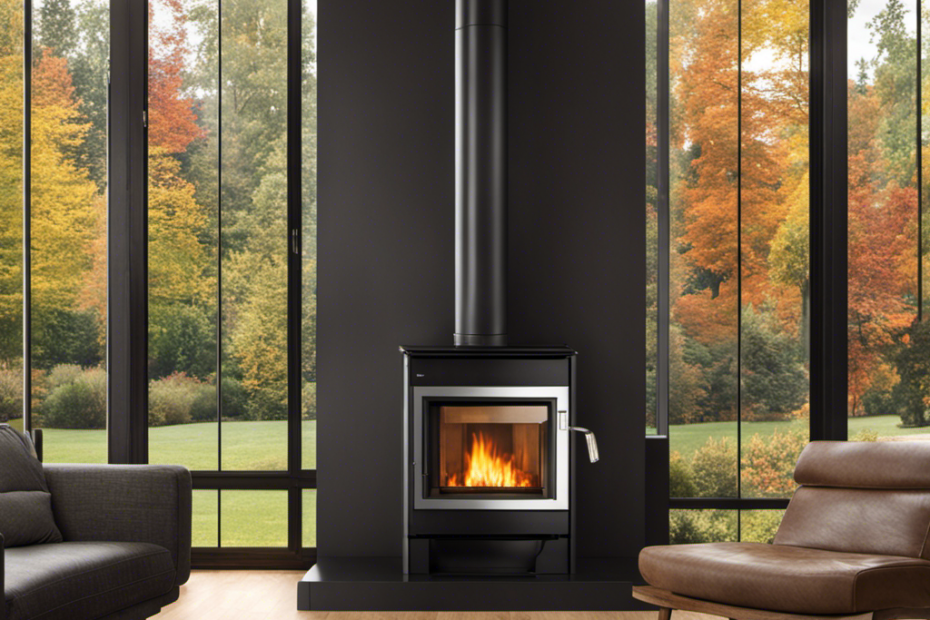 An image showcasing a cozy living room transformed by the warm glow of a modern pellet stove insert