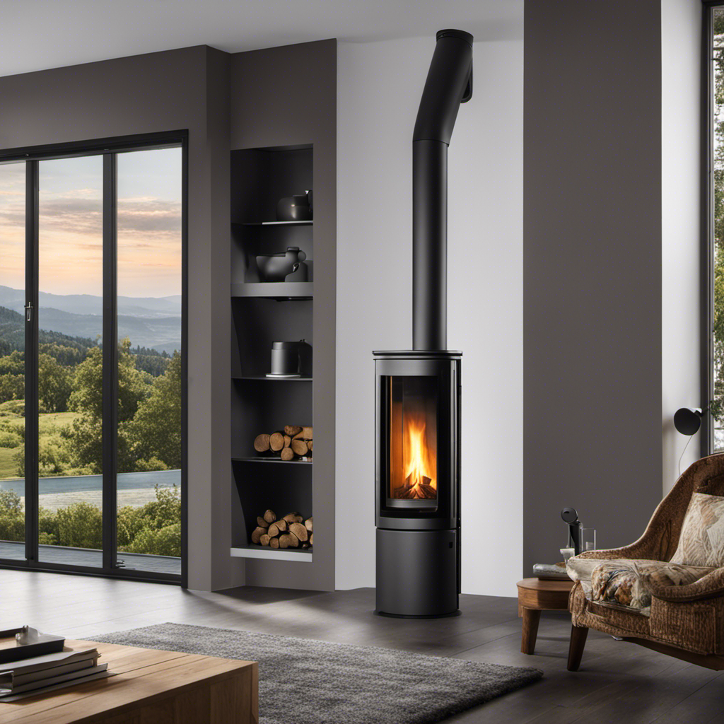 An image showcasing a sleek and modern pellet stove with a powerful convection blower, emanating a gentle, warm breeze
