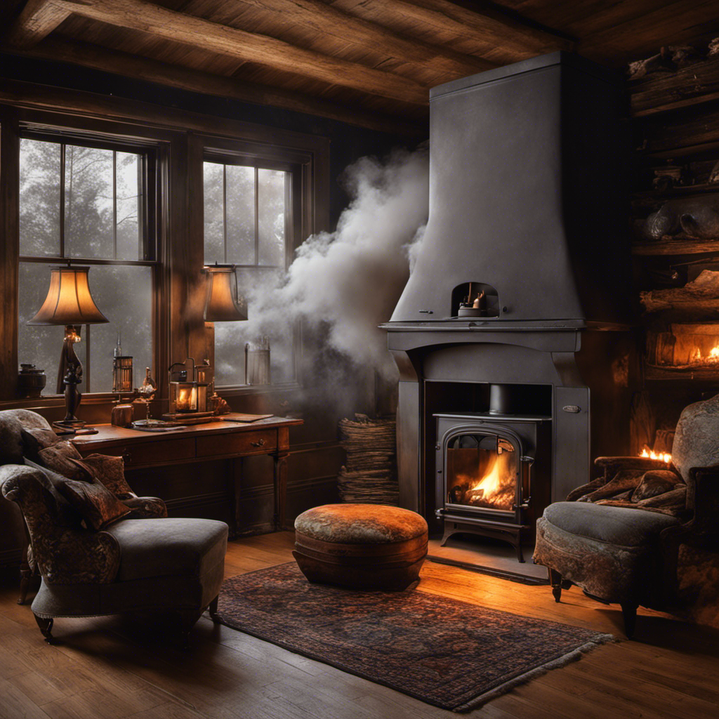 An image that depicts a dimly lit room enveloped in a haze of swirling gray smoke, illuminated by the fiery glow of a wood stove