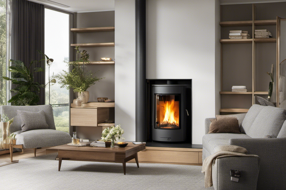 An image of a sparkling clean living room, bathed in warm natural light, with a sleek and modern pellet stove as the focal point
