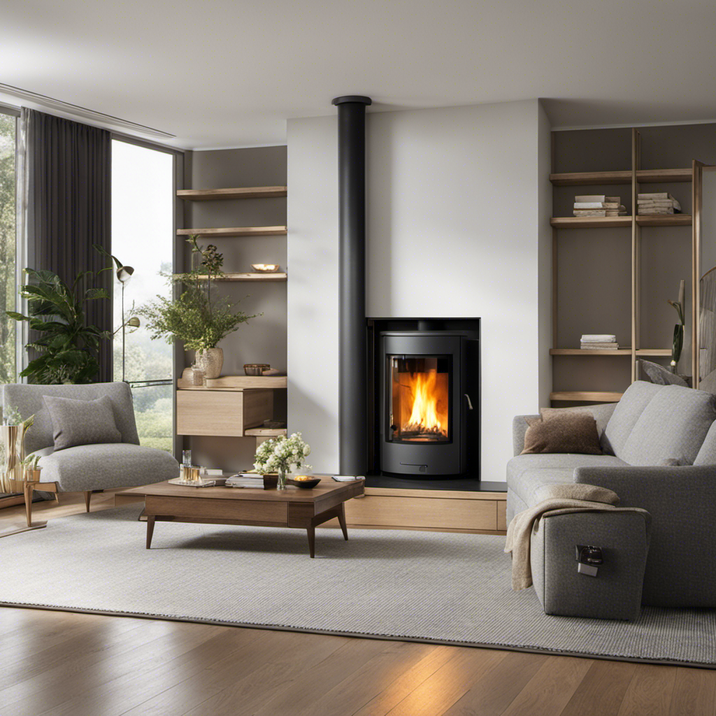 An image of a sparkling clean living room, bathed in warm natural light, with a sleek and modern pellet stove as the focal point